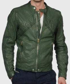 Junip Men's Green Biker Leather Jacket - Green Leather Biker Jacket for Men - Side View