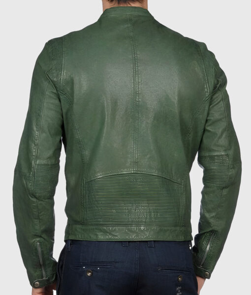 Junip Men's Green Biker Leather Jacket - Green Leather Biker Jacket for Men - Back View