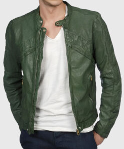 Junip Men's Green Biker Leather Jacket - Green Leather Biker Jacket for Men - Front View
