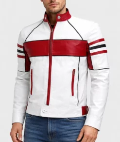 Nero Men’s White & Red Biker Leather Jacket-Front