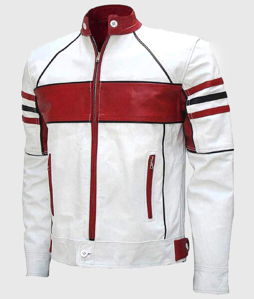 Ronald Men's White Biker Leather Jacket - White Biker Leather Jacket for Men - Front Close View