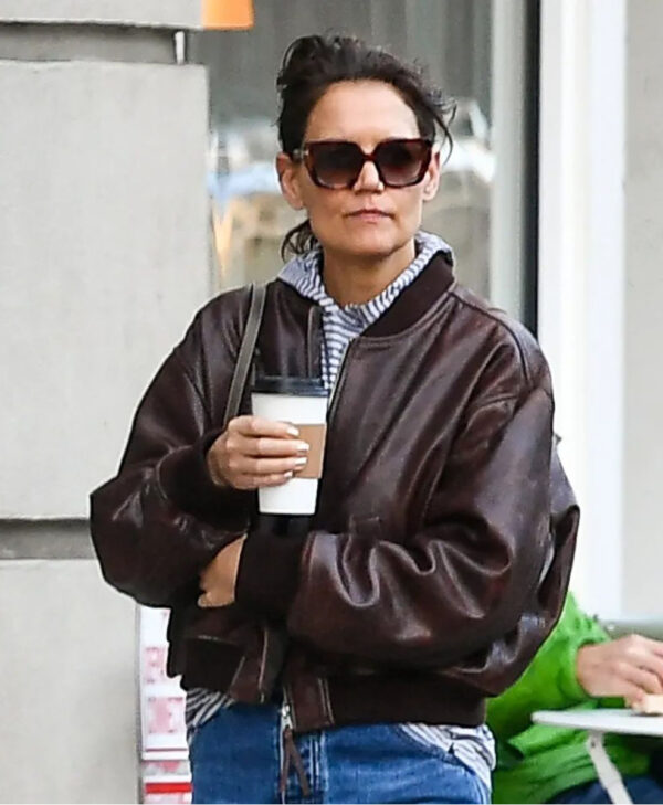 Katie Holmes Brown Leather Bomber Jacket