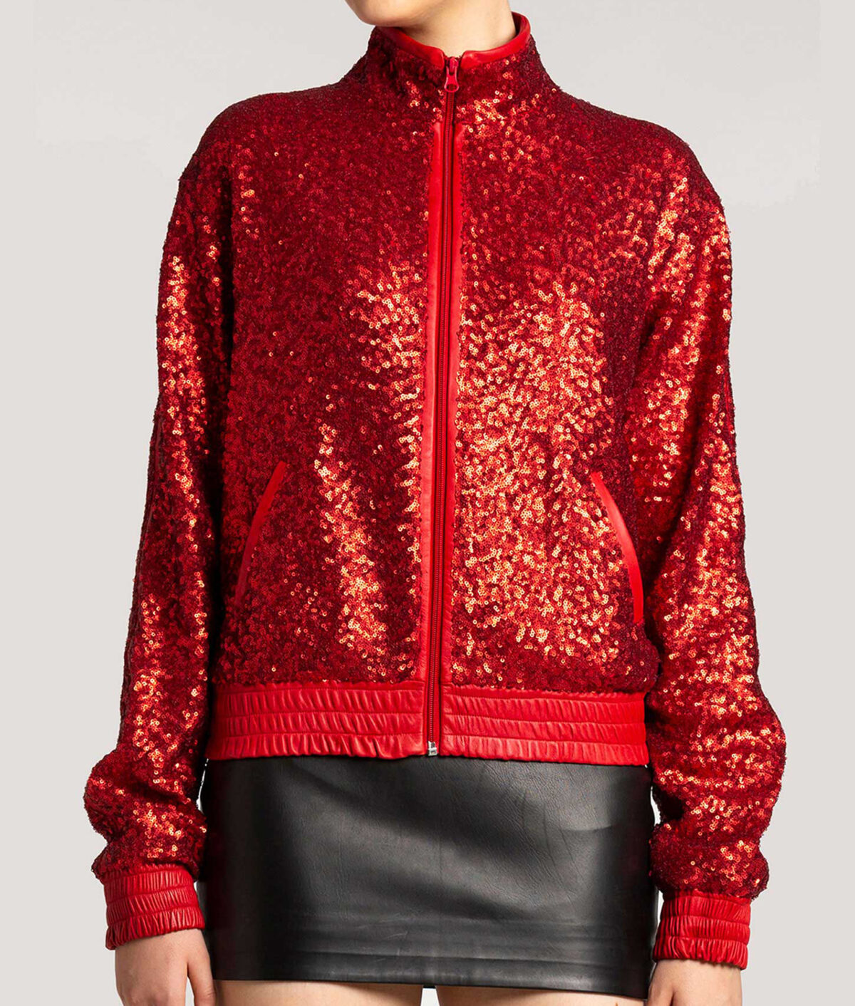 Womens Sequin Red Leather Bomber Jacket