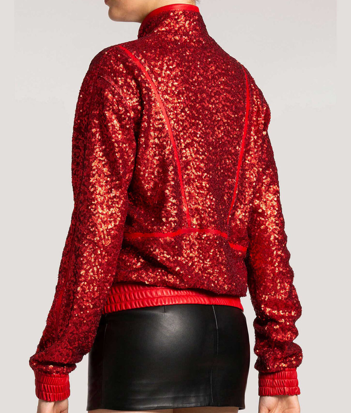 Womens Sequin Red Leather Bomber Jacket