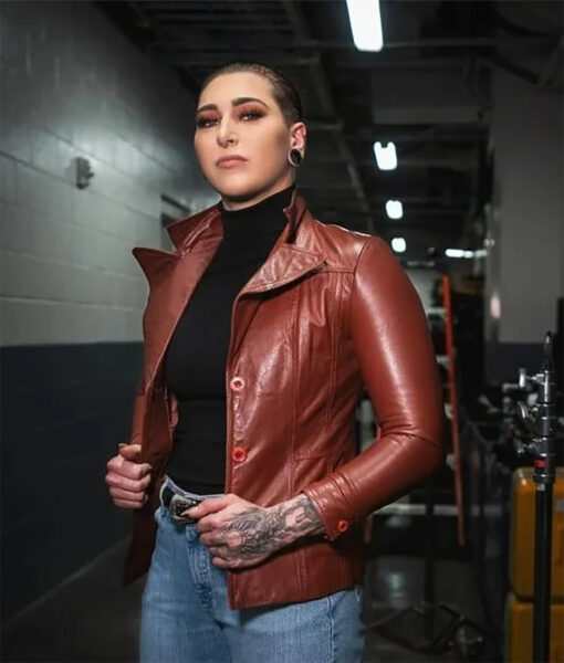 Rhea Ripley’s Brown Buttoned Moto Jacket