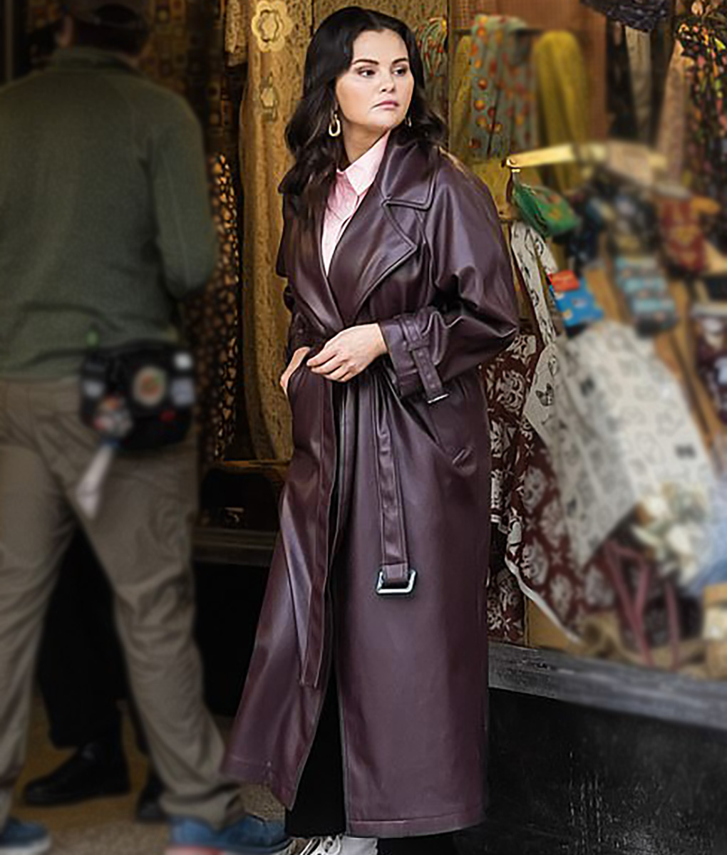 Selena Gomez Burgundy Leather Coat