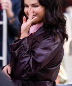 Selena Gomez Burgundy Leather Coat