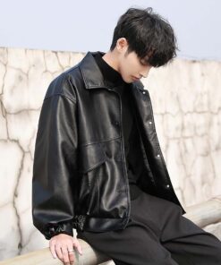 Taehyun Black Leather Bomber Jacket
