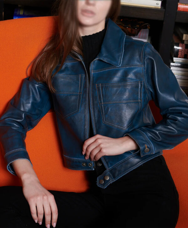 Women's Blue Cropped Leather Jacket
