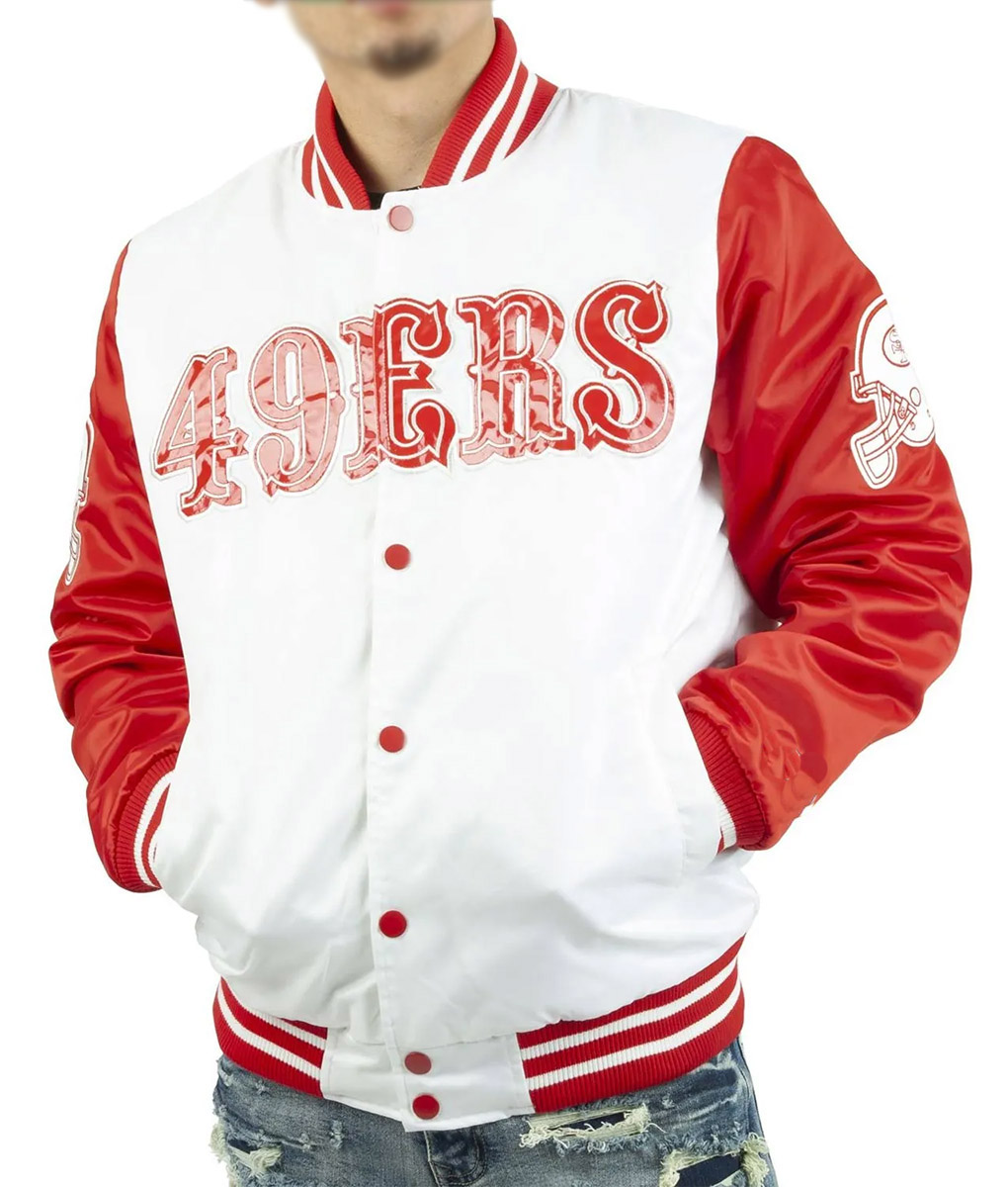 SF 49 White and Red Satin Varsity Jacket