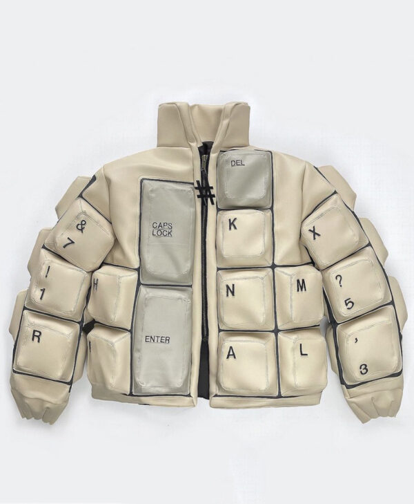 White Keyboard Print Puffer Jacket
