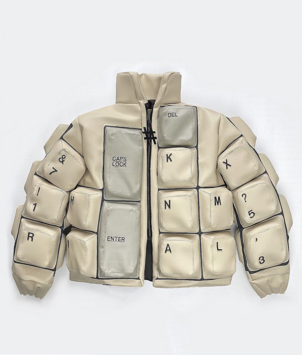 White Keyboard Print Puffer Jacket
