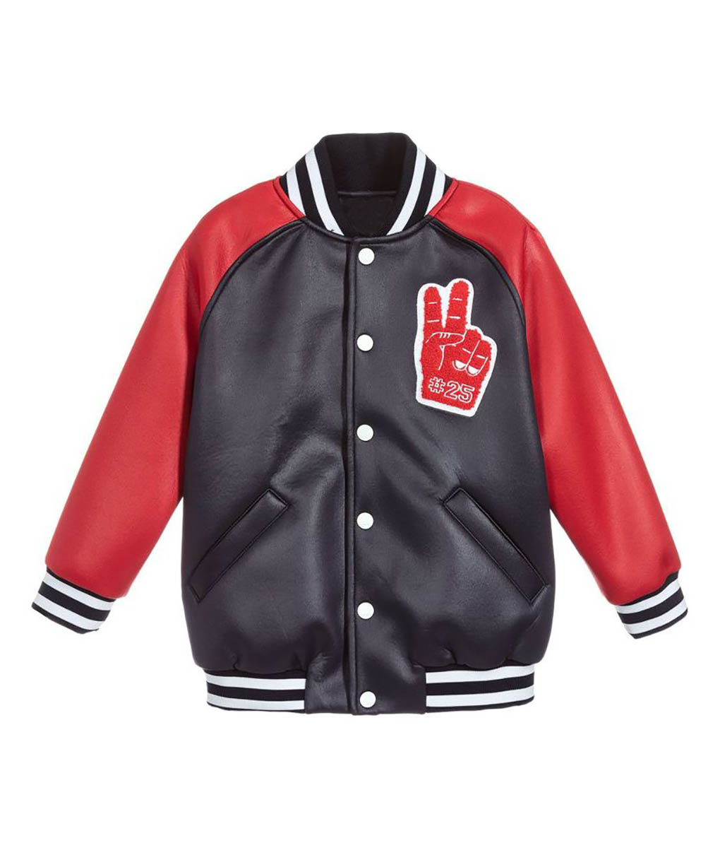 Fendi Boys Black and Red Varsity Leather Jacket
