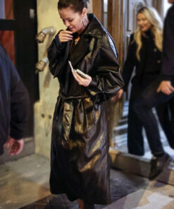 Selena Gomez Black Leather Coat