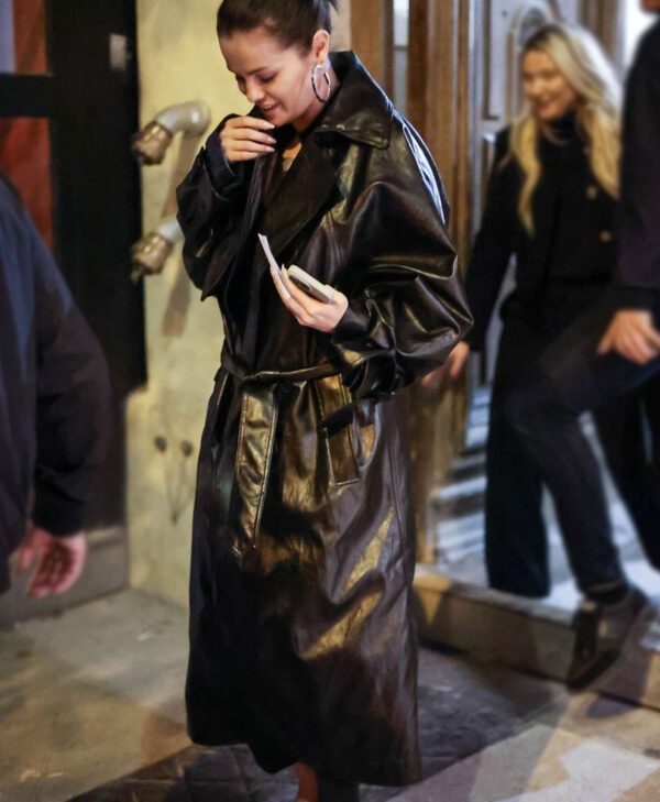 Selena Gomez Black Leather Coat