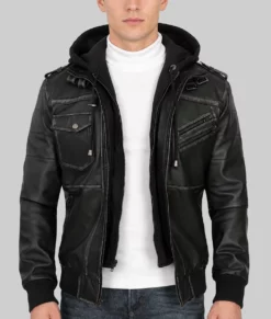 Banson Men’s Black Hooded Bomber Leather Jacket-Front
