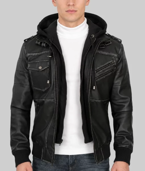 Banson Men’s Black Hooded Bomber Leather Jacket-Front