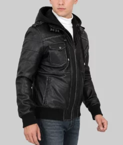 Banson Men’s Black Hooded Bomber Leather Jacket-Side