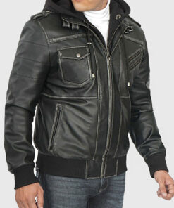 Banson Men's Black Hooded Bomber Leather Jacket - Black Hooded Bomber Leather Jacket for Men - Left Side View