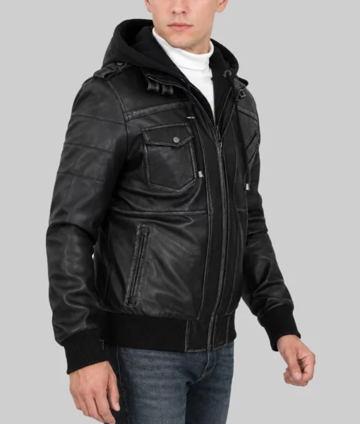 Banson Men’s Black Hooded Bomber Leather Jacket-Side