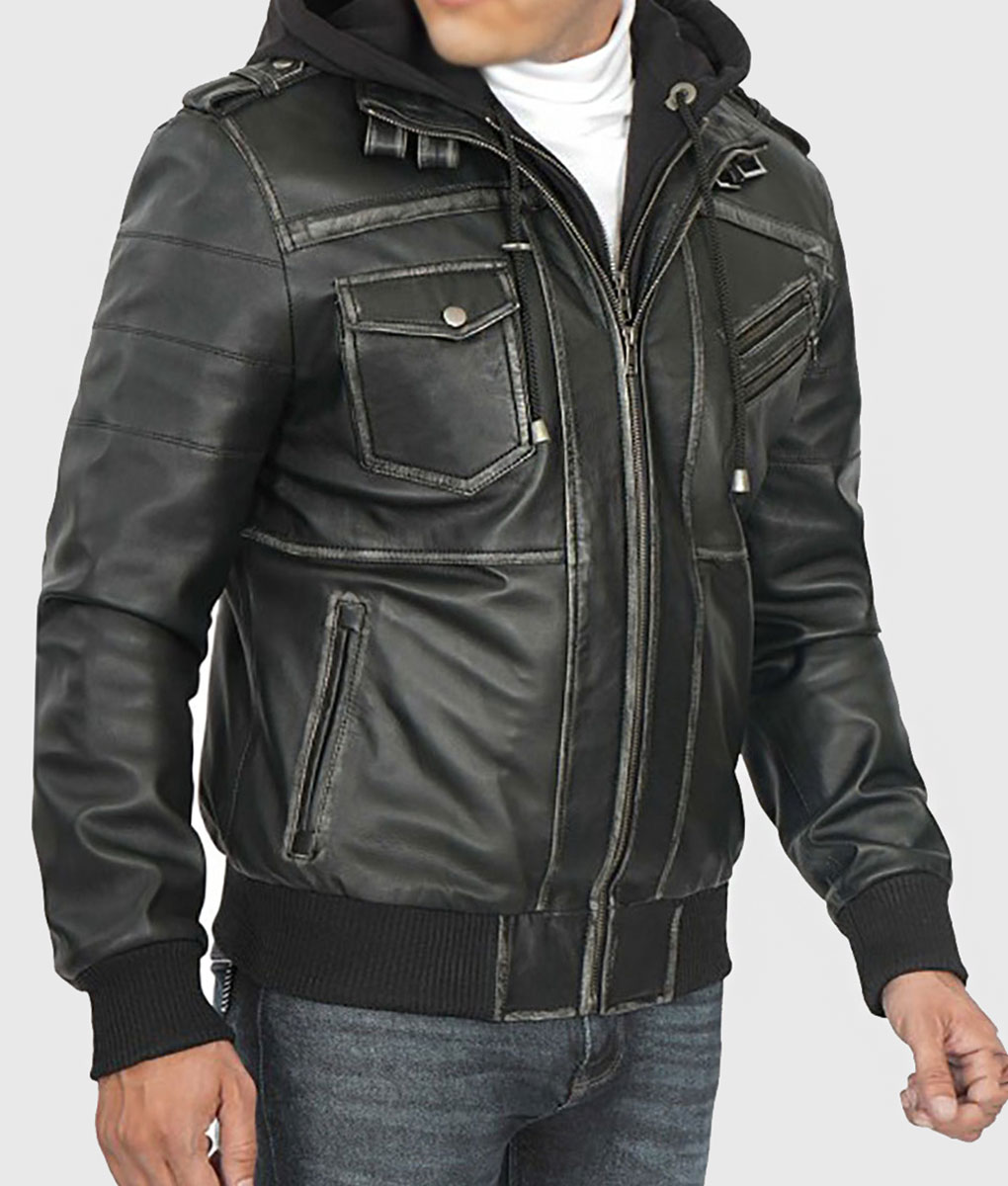 Banson Men's Black Hooded Bomber Leather Jacket - NYC Jackets