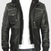 Banson Men's Black Hooded Bomber Leather Jacket - Black Hooded Bomber Leather Jacket for Men - Front View