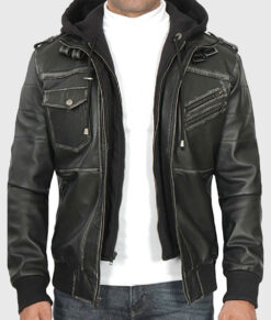 Banson Men's Black Hooded Bomber Leather Jacket - Black Hooded Bomber Leather Jacket for Men - Front View