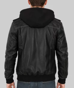 Banson Men’s Black Hooded Bomber Leather Jacket-Back