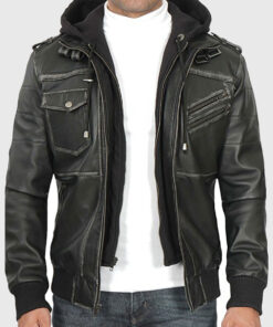Banson Men's Black Hooded Bomber Leather Jacket - Black Hooded Bomber Leather Jacket for Men - Front View