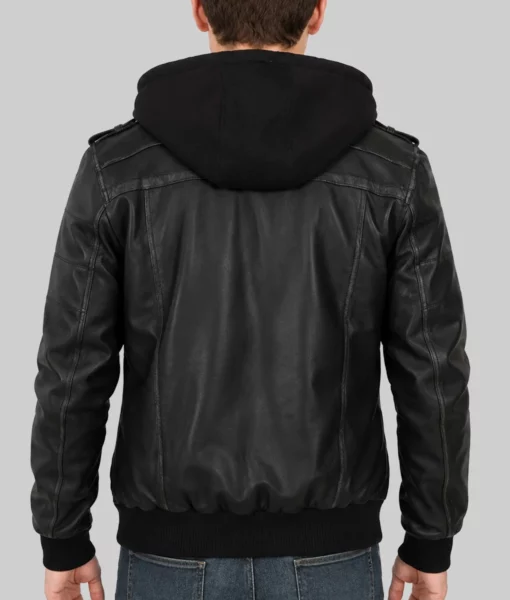 Banson Men’s Black Hooded Bomber Leather Jacket-Back