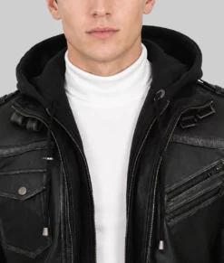 Banson Men’s Black Hooded Bomber Leather Jacket-Zoom