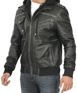 Clark Mens Grey Leather Hooded Bomber Jacket