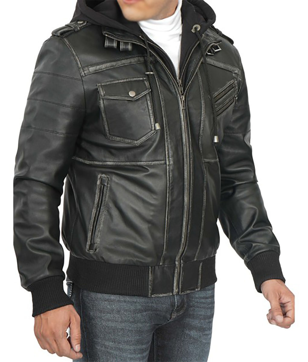 Clark Mens Grey Leather Hooded Bomber Jacket