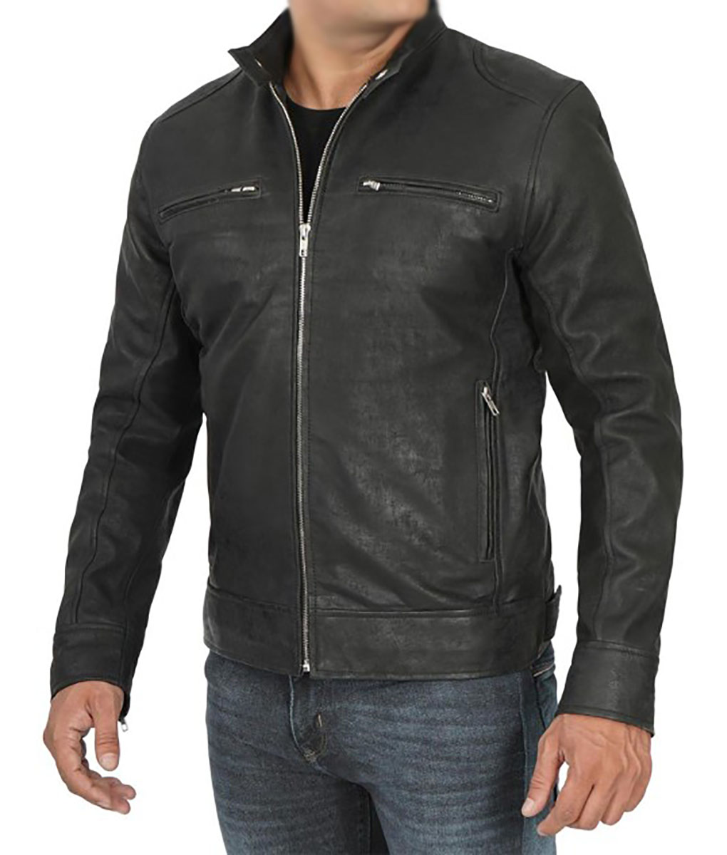 Drake Mens Black Cafe Racer Leather Jacket