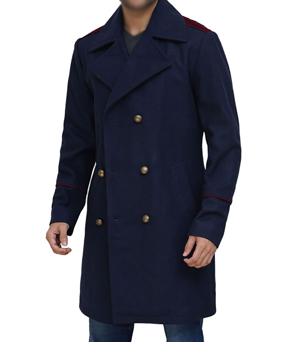 Harry Mens Blue Double Breasted Wool Peacoat
