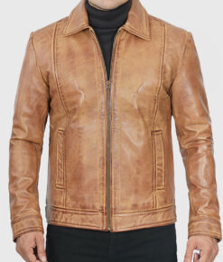 Gekin Men's Tan Vintage Leather Jacket - Tan Vintage Leather Jacket for Men - Front Close View