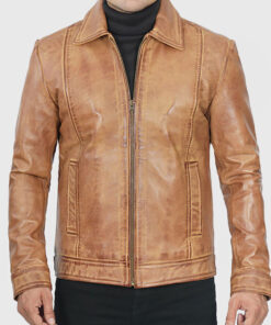 Gekin Men's Tan Vintage Leather Jacket - Tan Vintage Leather Jacket for Men - Front Close View