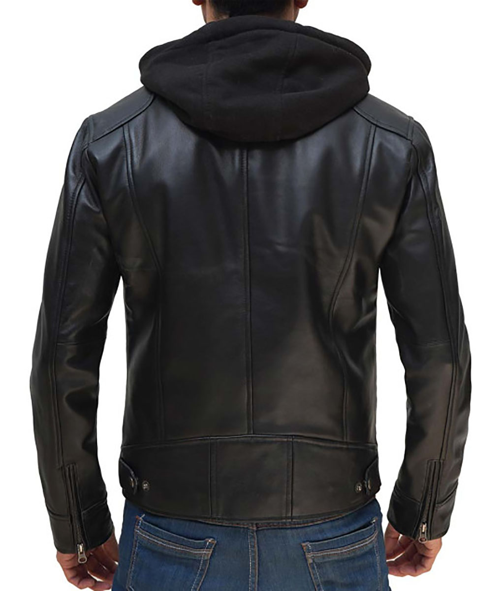 Jack Mens Black Leather Hooded Jacket
