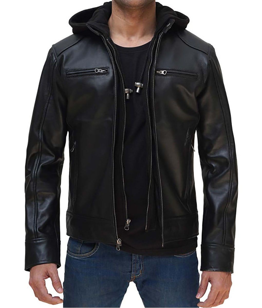 Jack Mens Black Leather Hooded Jacket