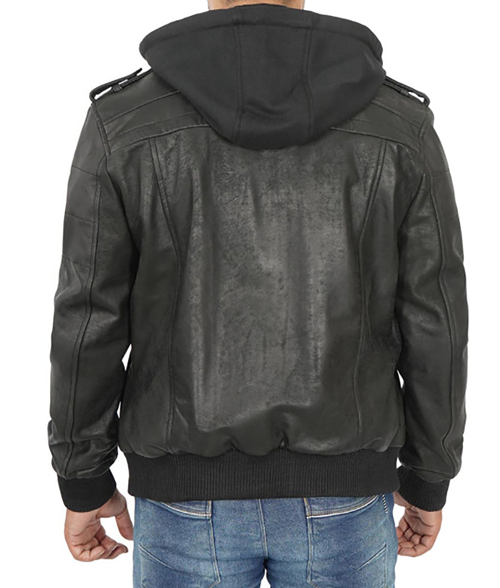 Jacob Mens Black Leather Hooded Jacket