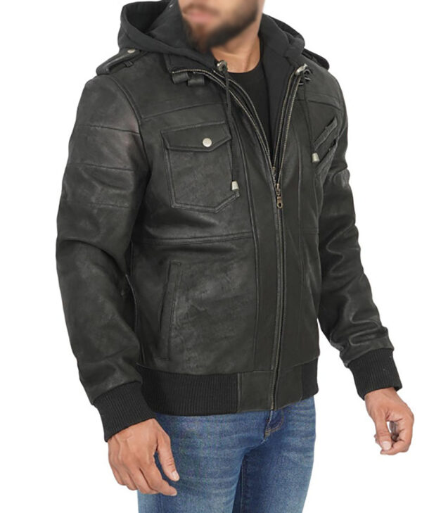 Jacob Mens Black Leather Hooded Jacket