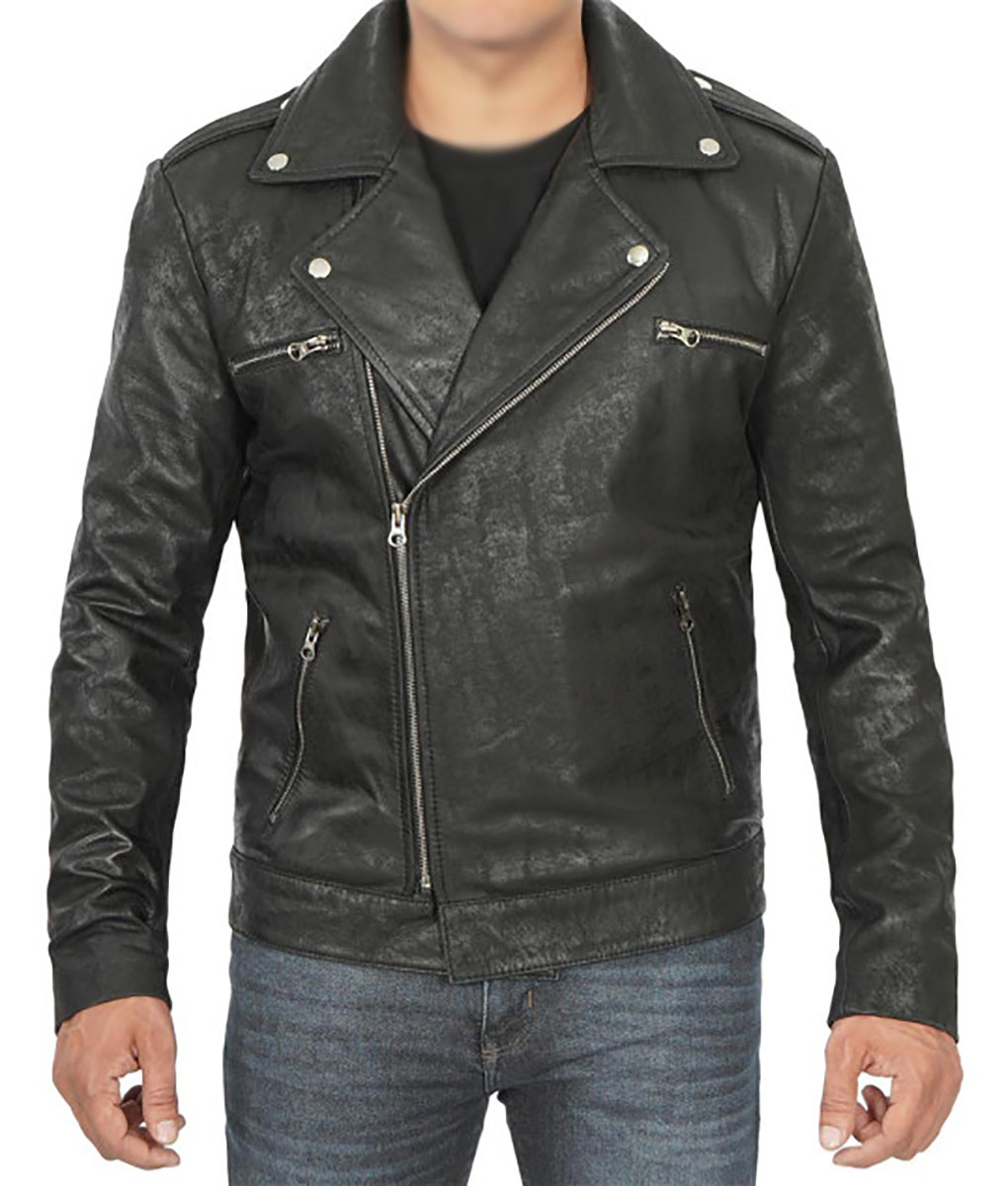 Jake Mens Black Asymmetrical Black Vintage Leather Jacket