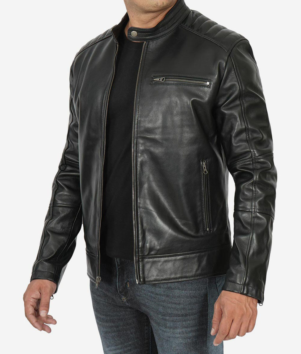 Joey Mens Black Leather Cafe Racer Jacket