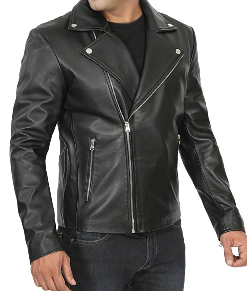 John Mens Black Asymmetrical Black Biker Leather Jacket