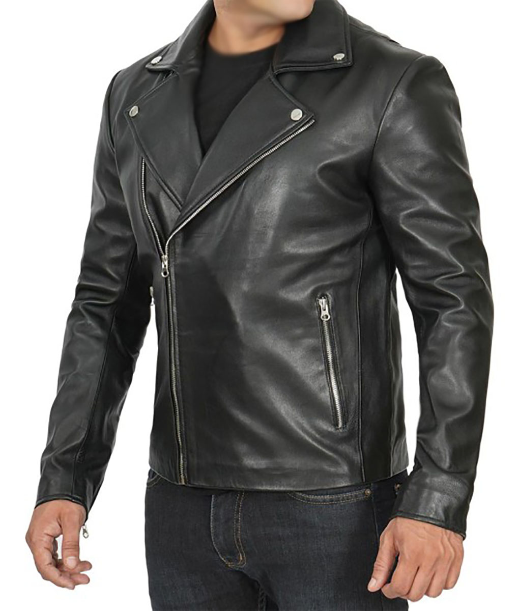 John Mens Black Asymmetrical Black Biker Leather Jacket
