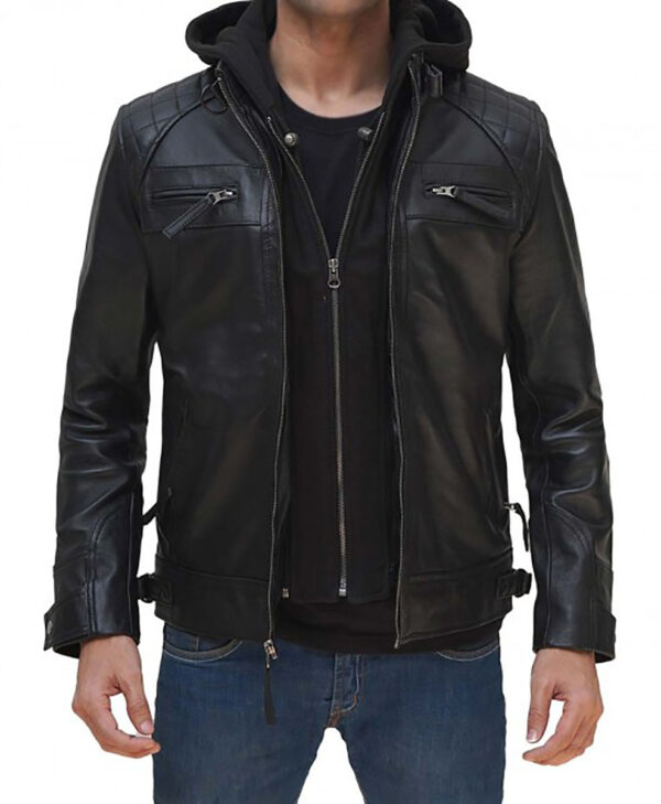 Kevin Mens Black Leather Hooded Jacket