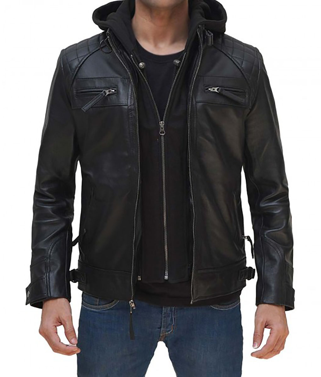 Kevin Mens Black Leather Hooded Jacket