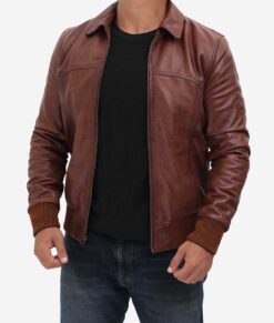 Noah Men's Dark Brown MA-1 Bomber Leather Jacket - Dark Brown MA-1 Bomber Leather Jacket for Men - Side View
