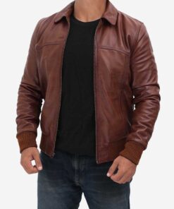 Noah Men's Dark Brown MA-1 Bomber Leather Jacket - Dark Brown MA-1 Bomber Leather Jacket for Men - Side View