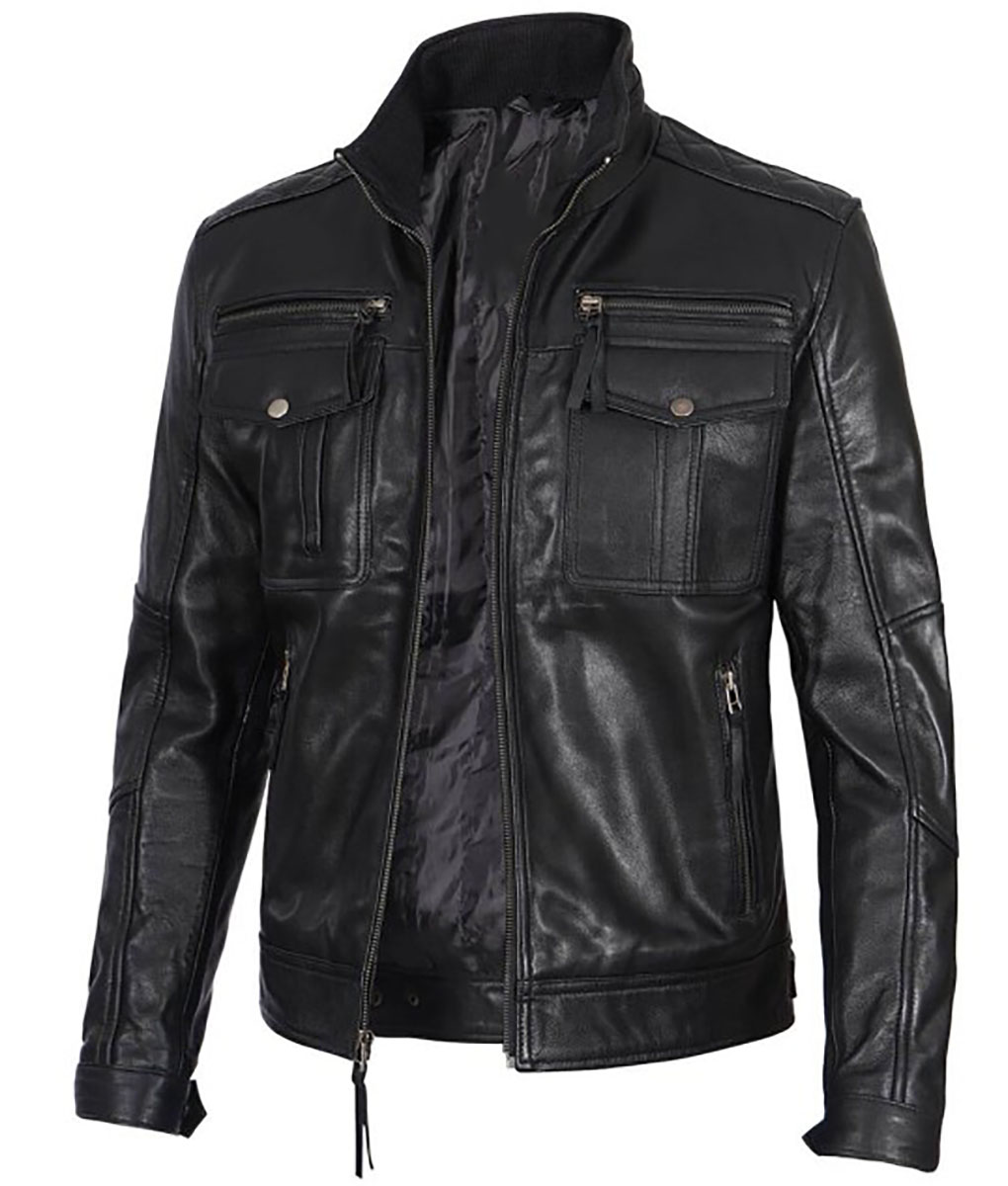 Nolan Mens Black Cafe Racer Leather Utility Jacket